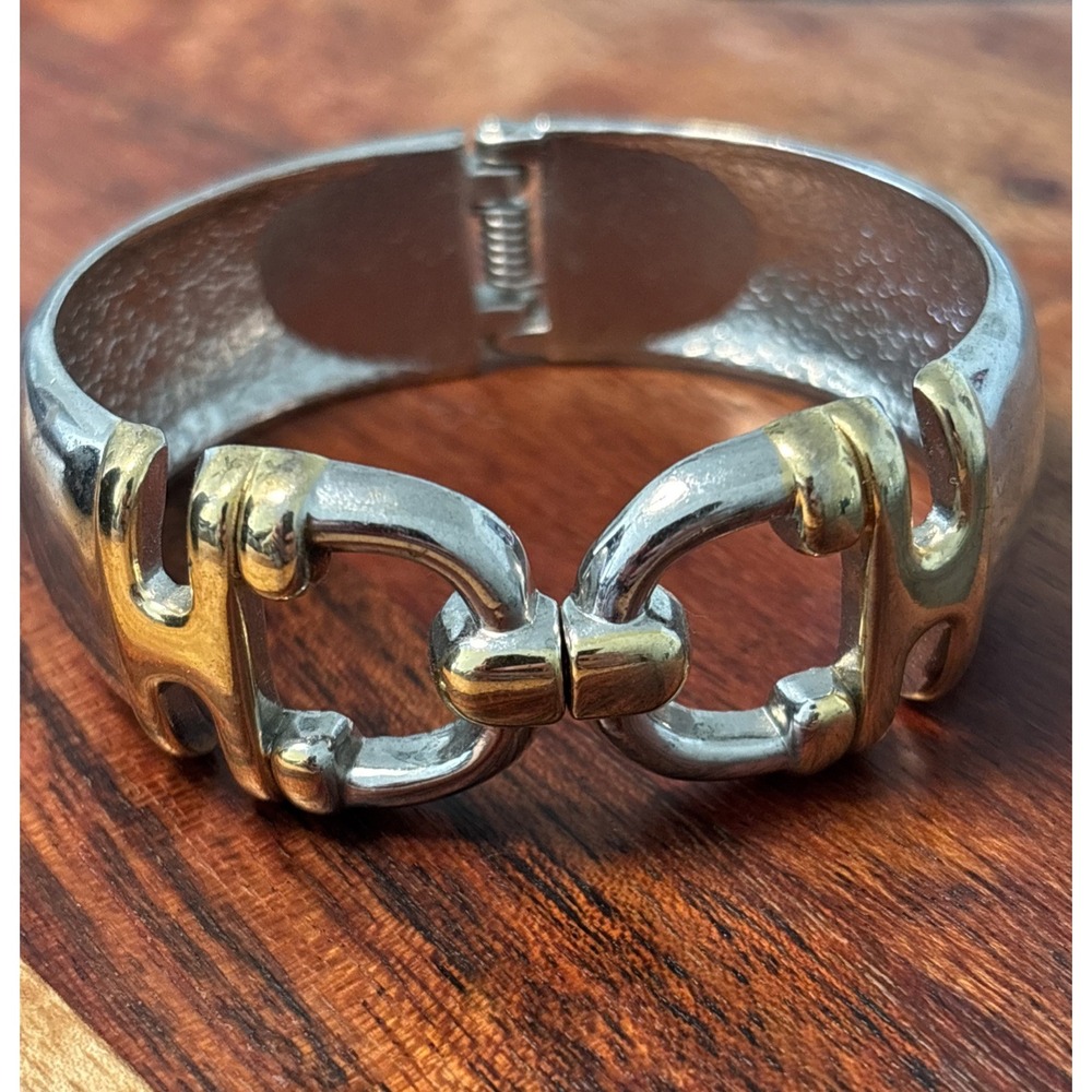 Vintage Two-tone Hinged Buckle Clamper Thick Cuff Bangle Bracelet